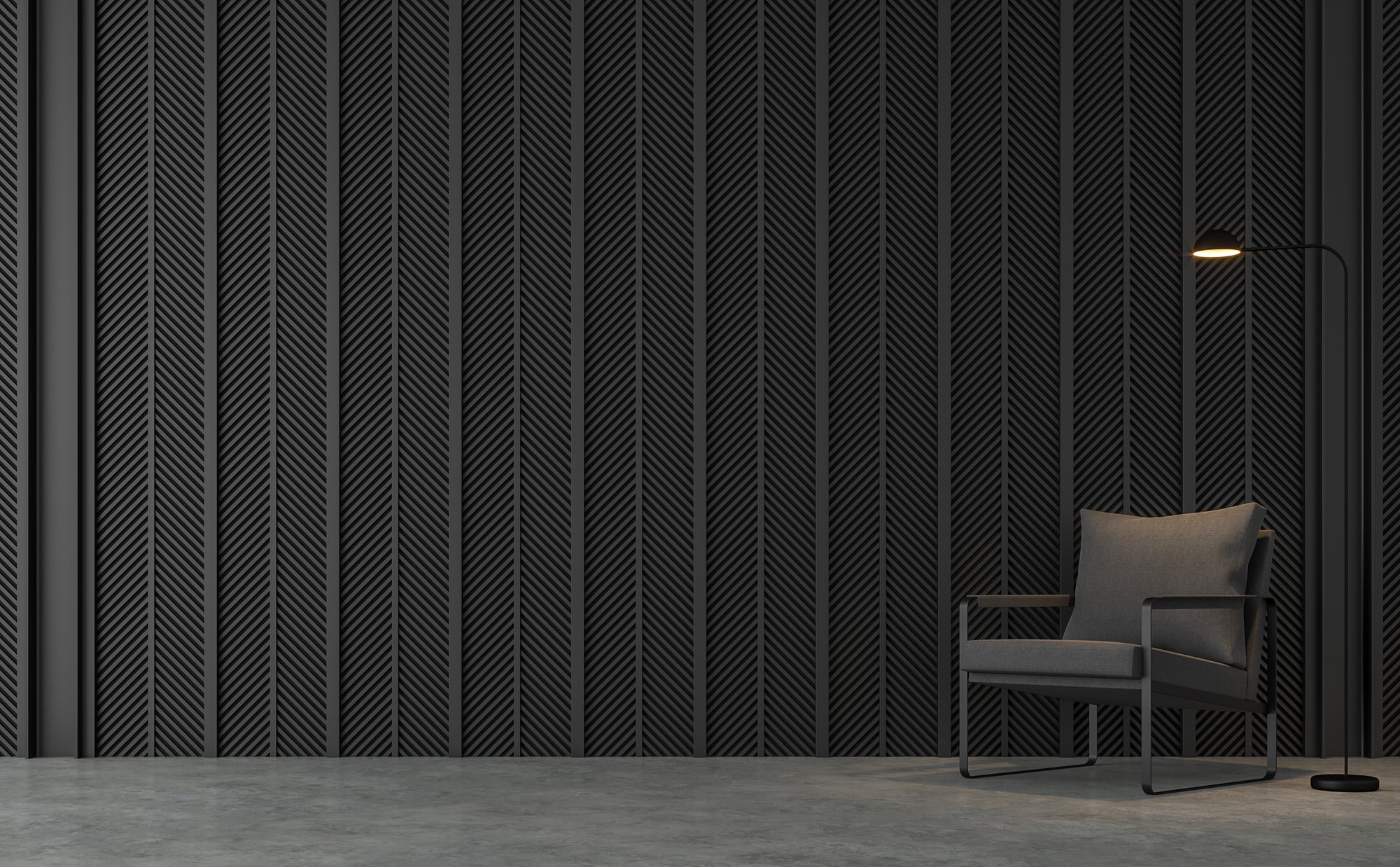 Modern Industrial Living Room with Black Steel Slats  Wall